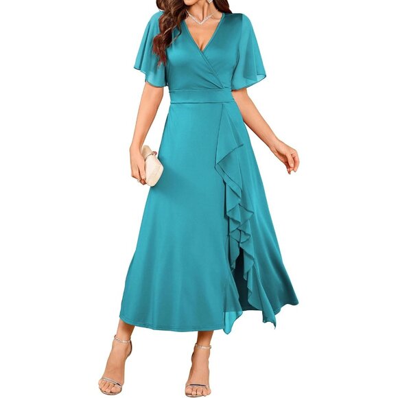 petite long dresses formal Peacock Mesh V-Neck Dress With Ruching And Sparkly Crystals main image 0